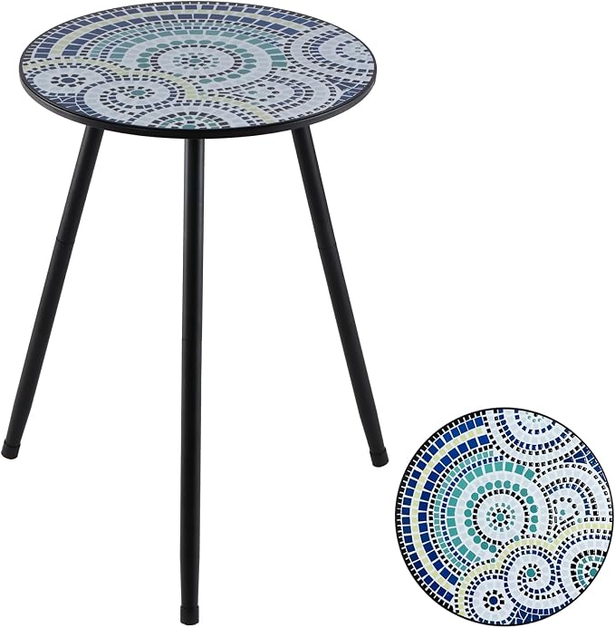1 Pack Metal Outdoor Side Table Small Outside Round End Table for Patio Modern Accent Garden Corner Table for Small Spaces, Balcony, Porch, Weather-Resistant, Plant Stand Indoor, Round Mosaic by PartyZealot