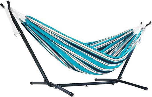 Vivere Double Sunbrella Hammock with Space-Saving Steel Stand, Heavy-Duty Portable Outdoor Hammock Set for Backyard, Patio, or Travel, Token Surfside by Vivere