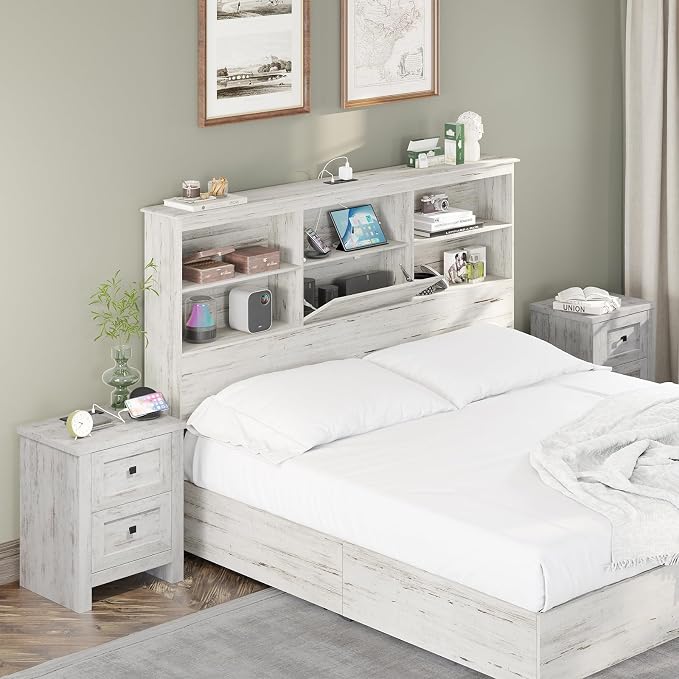 AMERLIFE Large Nightstand Set of 2 with Charging Station, Bedside Table with USB Ports and Outlets, Farmhouse Wood End Table for Bedroom, Distressed White - Image 7