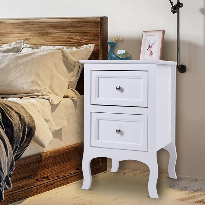 Karl home White Nightstand Set of 2. Farmhouse End Side Table Set of 2 Bedside Nightstands Chest with Drawers Small Night Stand with 2 Drawer and Solid Wood Legs for Bedroom - Image 7