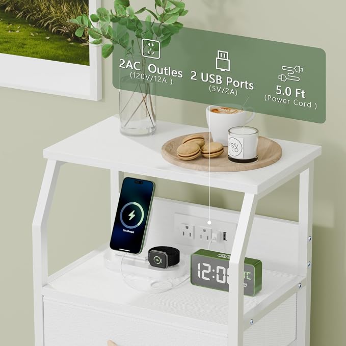 Furnulem Night Stand with Charging Station, Dresser with PVC & Fabric Drawers, 33.3 Inch Side Table with Open Shelf, Tall Bedside Table for Closet, Entryway, Bedroom Furniture, 3 Ways to Use, White - Image 8