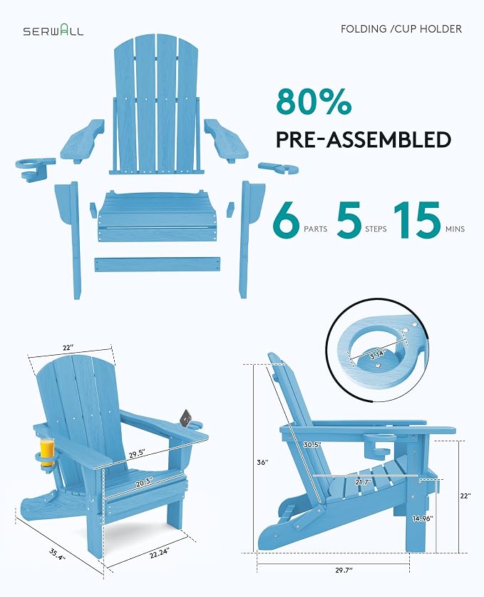 SERWALL Adirondack Chair with Cup Holders - Composite Adirondack Chairs HDPE Outdoor Chairs All Weather Use- Light Blue - Image 3
