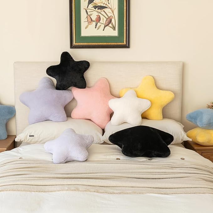 Star Pillow, Decorative Throw Pillow with Plush for Couch, Cute Decor Pillows for Bed, Aesthetic Star Shaped Pillow Fun Cushion for Sofa Living Room (Black, 14.9 Inches)