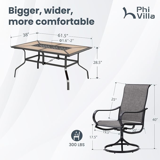 PHI VILLA 7 Piece Patio Dining Set, 6 Swivel Patio Chairs with Textilene Mesh Fabric & Rectangular Wooden-Like Dining Table(1.6"Umbrella Hole), All Weather Patio Chairs and Table Set for Deck (Brown) - Image 8