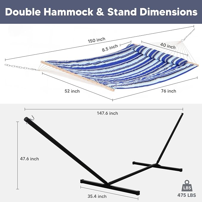 SUNCREAT Double Hammock with Stand, Two Person Cotton Rope Hammock, Blue Stripe - Image 5