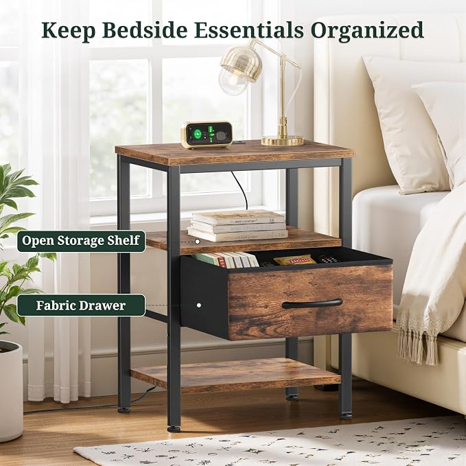 Nightstand Set of 2 with Charging Station, Bedside Table with USB Ports & Outlets, Small Dresser End Table with Fabric Drawer and Open Storage Shelf, Wooden Top for Bedroom, Brown - Image 4