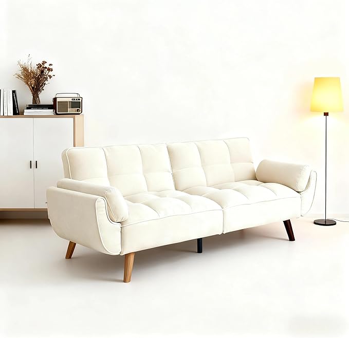 Convertible Futon Sofa Bed, Modern Futon Couch with 2 Pillows, Small Futons Couch with Adjustable Armrest & Backrest, Loveseat Sofa Bed for Living Room, Bedroom, Beige