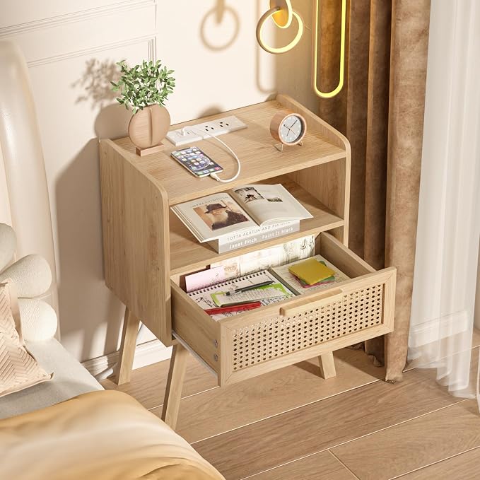 Lerliuo Rattan Nightstand with Charging Station, Boho Night Stand with Handmade Natural Rattan Drawer and Open Shelf, Cane Accent Side End Tables with Solid Wood Legs for Bedroom, Dorm, Small Spaces - Image 4