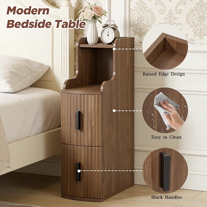 Narrow Nightstands Set of 2 with 2 Drawers for Small Spaces Skinny Mid Century Modern Bedside Tables Thin Dark Brown Night Stands Furniture with Storage Shelves for Bedroom Sofa Office(2, Walnut) - Image 6