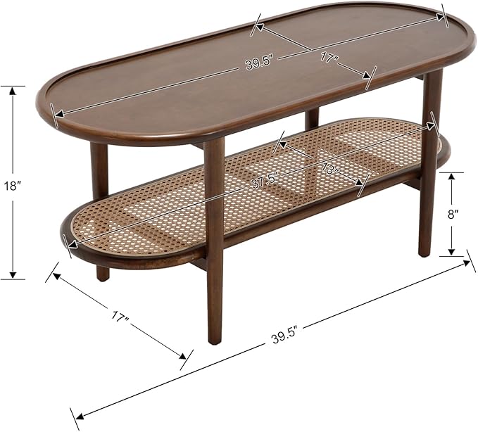 Walnut Rattan Coffee Table, 39.5" Oval Center Table with Storage Shelf, Modern 2-Tier Wood Side Table for Bedroom Small Space