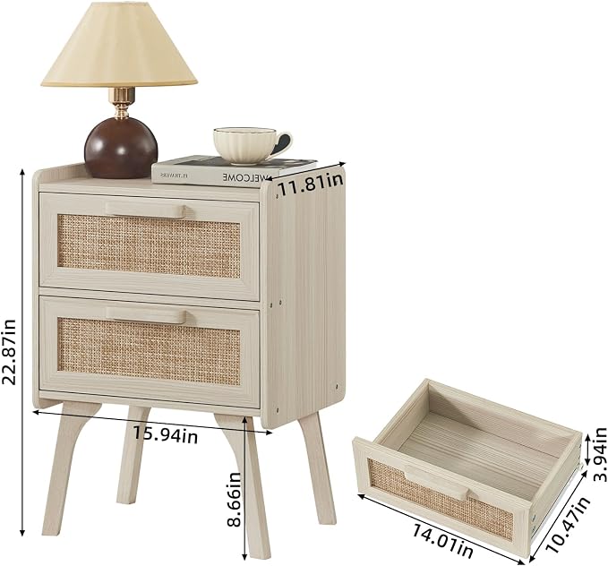 Lerliuo Rattan Night Stand, Boho 2 Drawers Nightstands, Grey White Bed Side End Tables with Solid Wood Legs, Bedside Table for Bedroom, Dorm and Small Spaces - Image 3