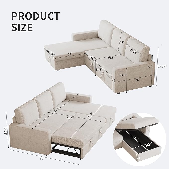 81.5" Convertible L Shaped Sleeper Sofa, 3-Seat Pull Out Sectional Couch with Storage Chaise & Removable Cushions, Chenille Fabric for Small Living Room Apartment, Beige