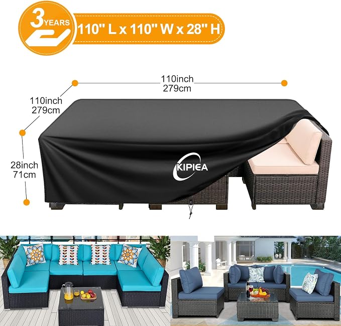 Kipiea Outdoor Furniture Covers Waterproof, 420D Heavy-Duty Patio Furniture Set Covers, No Tears Anti UV No Fading (110" L x 110" W x 28" H) - Image 2