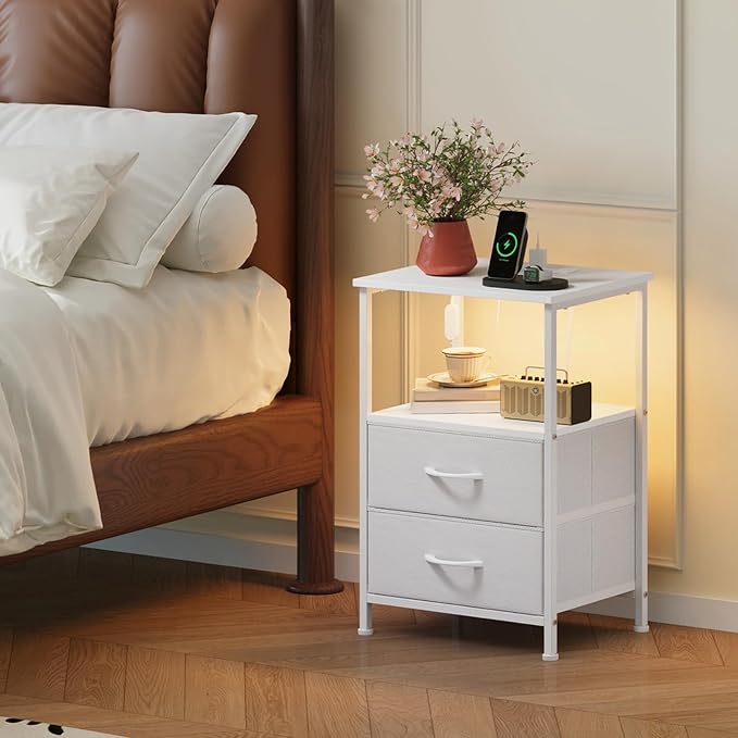 Somdot Nightstands Set of 2,End Tables with Charging Station and LED Lights,Night Stand with 2 Fabric Drawers, End Table with Open Shelf, Small Nightstand for Bedroom, White Leather - Image 2