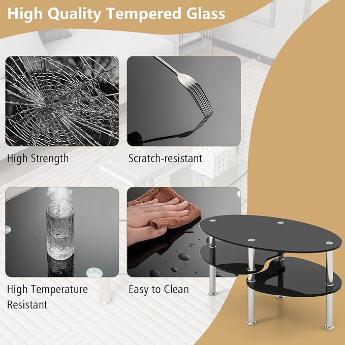 Giantex Oval Glass Coffee Table - 3-Tier Transparent Tempered Glass Table W/Sturdy Chrome Plated Legs, Small Sofa Side Table, End Table for Living Room, Bedroom, Office, 35"× 20" ×18" (Black)
