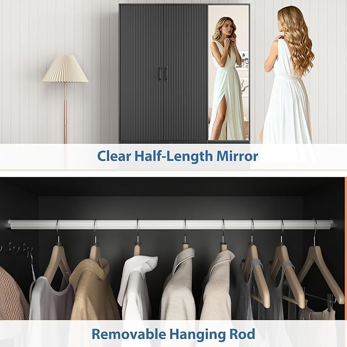 3 Doors Armoire Wardrobe Closet with Mirror Door,Fluted Black Storage Cabinet for Hanging Clothes,Bedroom Large Capacity Freestanding Armoire with Hanging Rod, Adjustable Shelves,and Hooks
