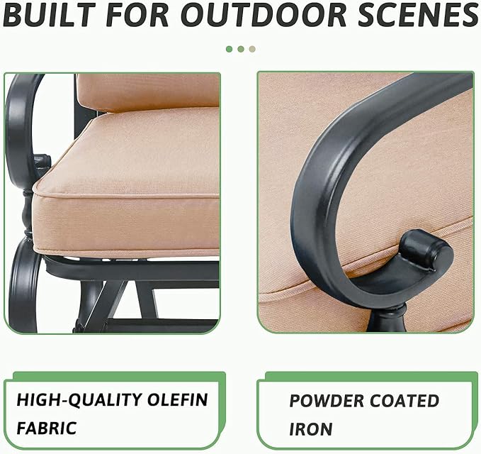 SOLAURA 4-Piece Outdoor Furniture Patio Conversation Sets Swing Glider Loveseat and Spring Lounge Chairs with Side Table for Garden, Deck, Balcony, Poolside, Lawns (Brown)