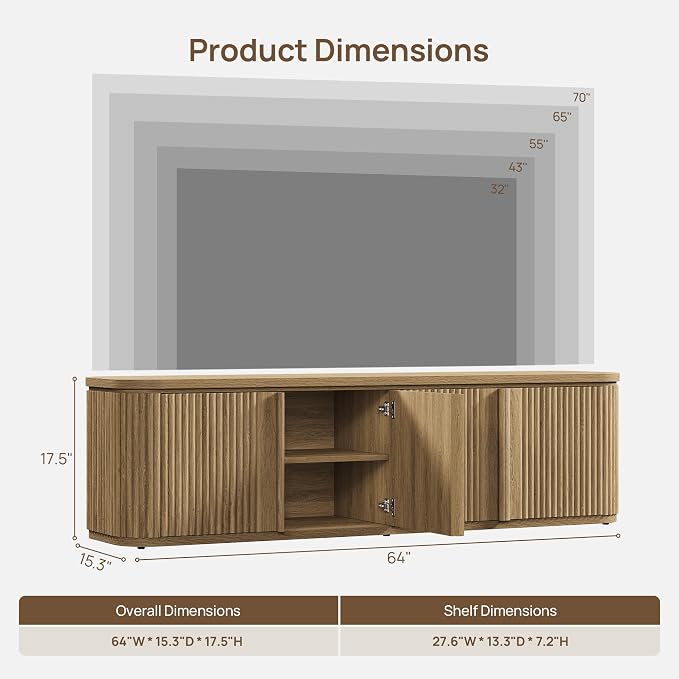 SICOTAS TV Stand for TVs up to 70" - Mid Century Modern Fluted Entertainment Center with Storage and Adjustable Shelves, Long Media Console Cabinet with Solid Wood Handles for Living Room - Image 2
