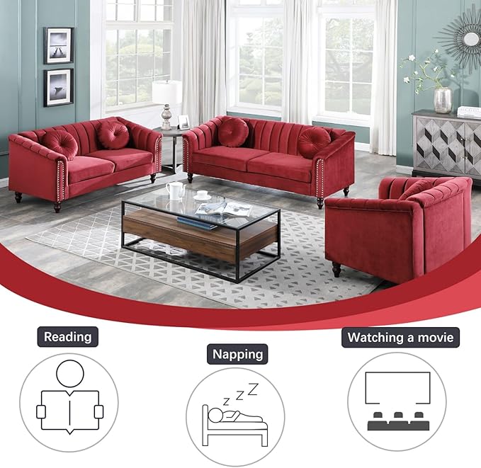 Sectional Sofa Set, Microfiber Chesterfield Upholstered Sofas Loveseat Couch Chair Sets with Style Button Tufted, Scroll Arms and Nailhead for Living Room, Office, Apartment-Red,3PCS