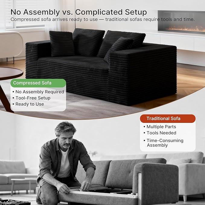 2-Seater Deep-Seat Corduroy Lounge Sleeper Sofa, No Assembly Frameless Foam Cloud Couch, Comfy Plush Double Seater for Living Room Bedroom Apartment Dorm Office (Black)