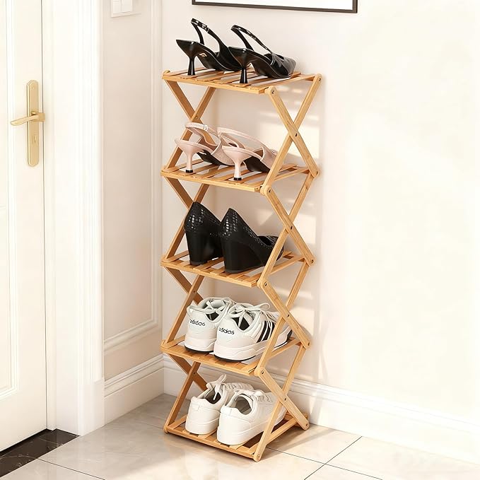 Bamboo Shoe Rack 5 Tier Foldable Shoe Rack Vertical Bamboo Shoe Organizer Free Standing Shelf for Entryway, Closet, Bedroom, Wood Color by Fengzhizhu