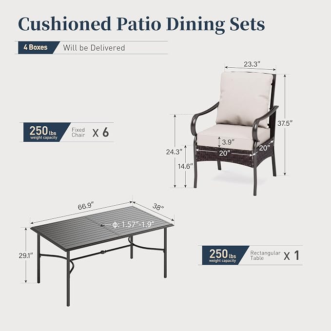 SUNSHINE VALLEY 7 Piece Patio Dining Sets for 6, Outdoor Table and Chairs with Cushioned Wicker Patio Dining Chairs & Black Dining Table (1.57-1.9”Umbrella Hole), Outdoor Dining Sets for Lawn Backyard - Image 6