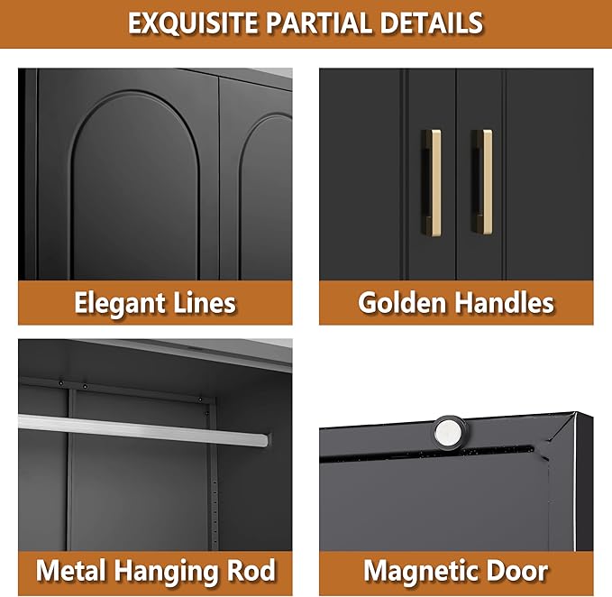 Polup Metal Armoire Wardrobe Closet with Hanging Rod, 71" Tall Wardrobe Cabinet for Clothes, Black Clothing Storage Cabinet with Doors and Shelves, Large Wardrobes for Bedroom, Office, Employee