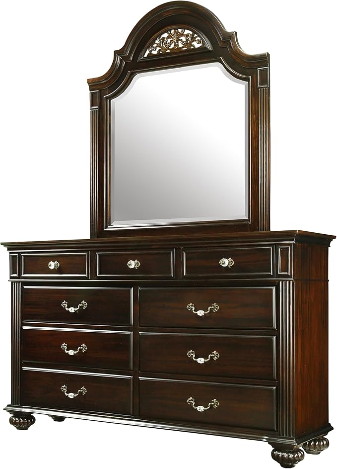 24/7 Shop at Home Syracuse 6-Piece Traditional Solid Wood Bedroom Set with Chest, Mirrored-Dresser and 2 Nightstands, Box Spring Required for Bedroom, Guest Room, Queen, Walnut