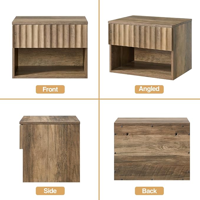 BuildHom Floating Nightstand with Fluted Drawer - Modern Wall Mounted Bedside Table with Open Storage Shelf, Small Night Stand TV Stand for Bedroom(Rustic Brown) - Image 8