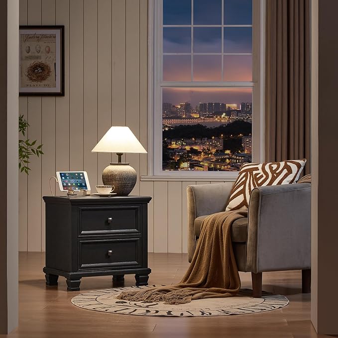 SAVOR LIFE Farmhouse Nightstand Set of 2, Rustic Low Nightstands with 2 Drawers & Charging Station, Vintage Night Stands with 4 Square Solid Wood Legs, Small Dresser for Bedroom, Home, Black - Image 3