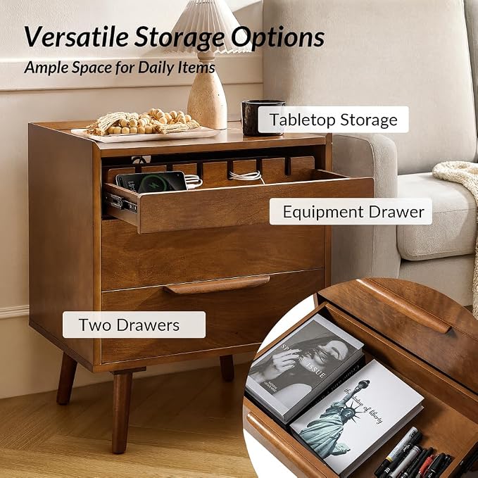 HULALA HOME 2 Drawer End Table with Pull-Out Shelf, Mid-Century Modern End Table with Wood Legs, Wood Side Table with Charging Station(Acorn) - Image 3