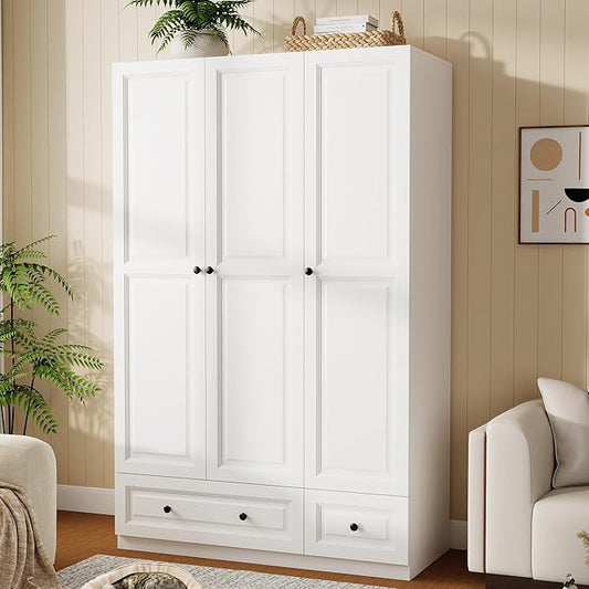 Armoire Wardrobe Closet with Drawers: 74" White Wardrobe Closet with 3 Doors, Bedroom Armoires with 2 Drawers, Wood Closets Cabinet for Hanging Clothes (White, 47")