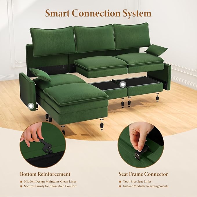 Vesgantti 142" Oversized Sectional Sofa Bed, 8-Seater Modular Sleeper Cloud Couch with Movable Ottoman, Chenille Convertible Sofa Set Deep Seat Couches for Living Room, Bedroom and Apartment, Green