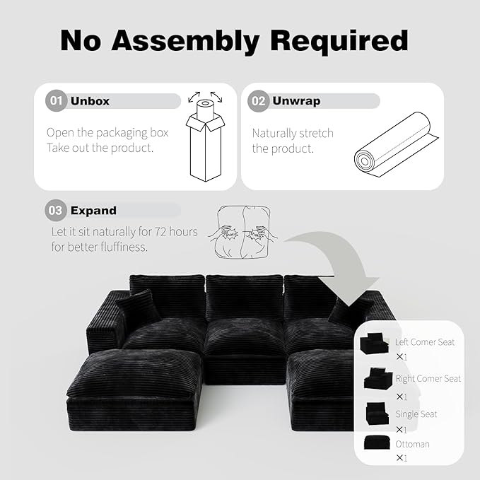 Ball & Cast 108" Cloud Sectional Couches for Living Room,Convertible L Shaped Couch with Deap Seat & Movable Ottoman,3 Seater Modular Sectional Sofa,Free Combination,No Assembly Required,Black