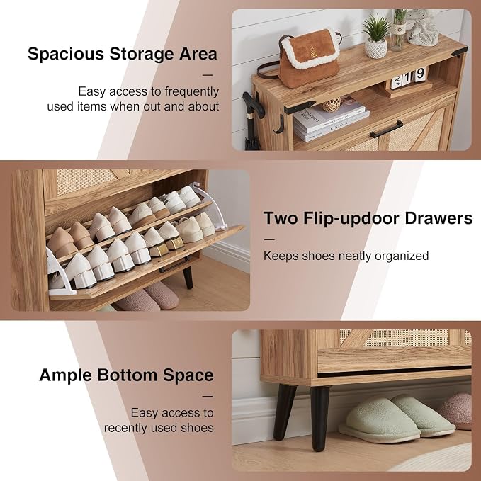 Barnyatoh Shoe Storage Cabinet, Boho Rattan Shoe Organizer with 2 Flip Drawers,Farmhouse Freestanding Hidden Slim Narrow Shoe Rack Cabinet with Open Shelves for Entryway, Foyer,Hallway, Natural - Image 5