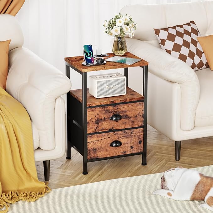 Furologee Nightstand with Charging Station, End Table with LED Lights, Bedside Table with USB Ports & Outlets, Night Stands with 2 Drawers, for Living Room/Bedroom - Image 2