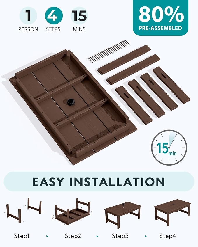 SERWALL HDPE Patio Coffee Table, Rectangle Outdoor Coffee Table, All-Weather Coffee Side Table for Balcony, Poolside, Deck, Garden, Coffee Brown - Image 8