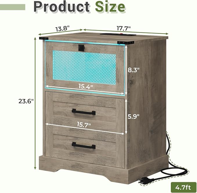 Hasuit Farmhouse Night Stand with LED Lights and Charging Station, Rustic Oak Nightstand with 2 Drawers, and Cubby with Wire Mesh Door, Bedside End Table for Bedroom - Image 2