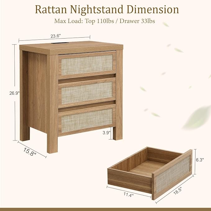 Yechen Night Stand Set of 2, Rattan Nightstands with Type-C Charging Station, 3 Rattan Drawers- Boho End Table Bedside Tables for Bedroom, Natural Walnut - Image 2