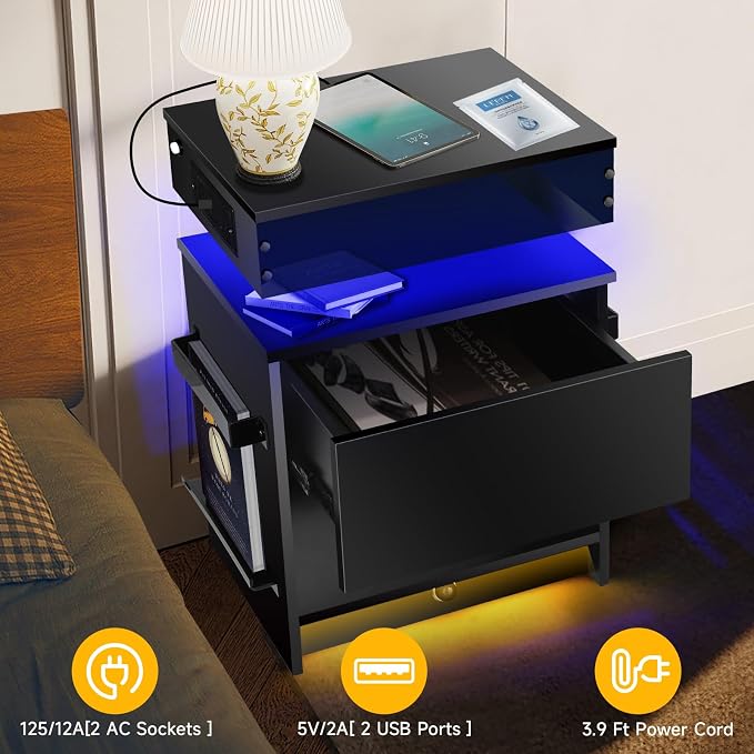 Nightstand with Induction Light & Side Charging Station, Modern Bedside Table with Drawer & Acrylic Bookshelf, Set of 2 Black End Tables for Bedroom - Final Stocks - Image 3