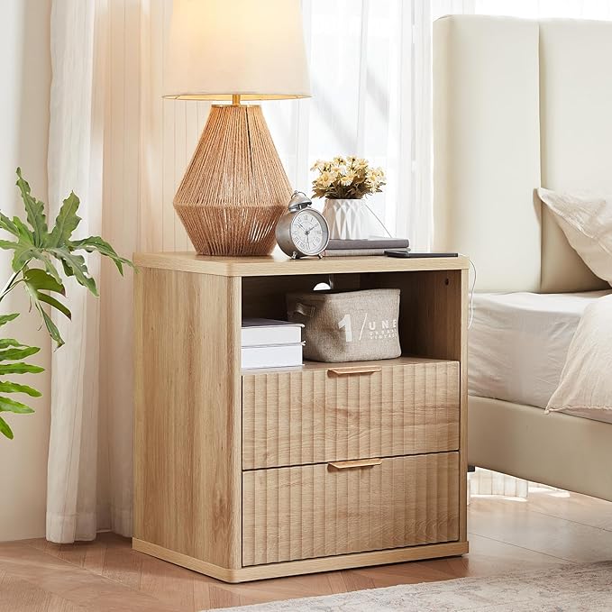 LEYAOYAO 42" Tall Fluted Dresser and 2 Drawers 23" Nightstand Set of 2, Wooden Dresser & Night Stand with Charging Station, 3 Piece Bedroom Furniture Set, Wood Chest of Drawer for Living Room,Natural
