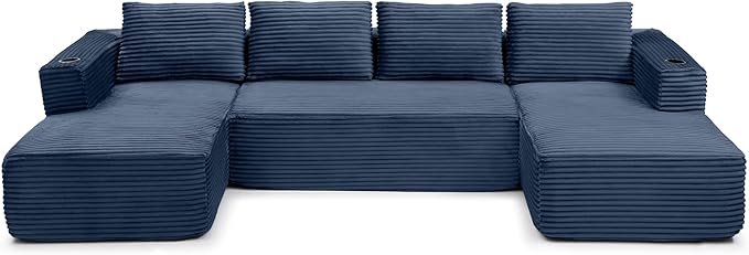 132-Inch U-Shaped Cloud Sectional Couch, Symmetrical Modular Compressed Boneless Sectional Sofa with Chaise Lounges, Plush Corduroy Boneless Corner Sofa W/Cupholders