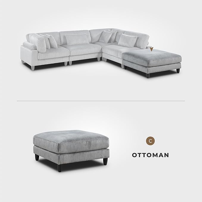 Lexicon 40" Modern Ottoman, Corduroy Square Ottoman, Living Room Foot Rest, Module for Sectional Sofa, Foot Stool for Living Room/Bedroom, Assembled, Gray