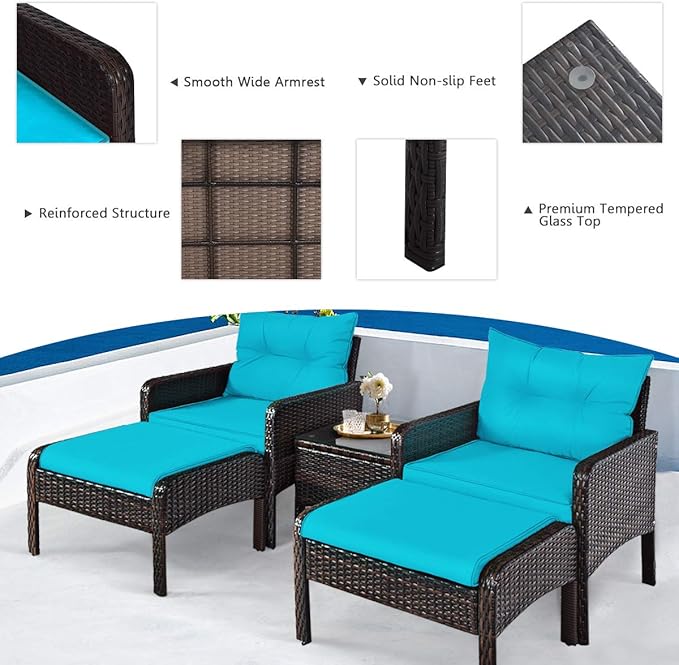 HAPPYGRILL 5-Pieces Patio Furniture Set Outdoor Rattan Wicker Conversation Set with Coffee Table Cushioned Sofas and Ottoman Chat Set for Garden Backyard