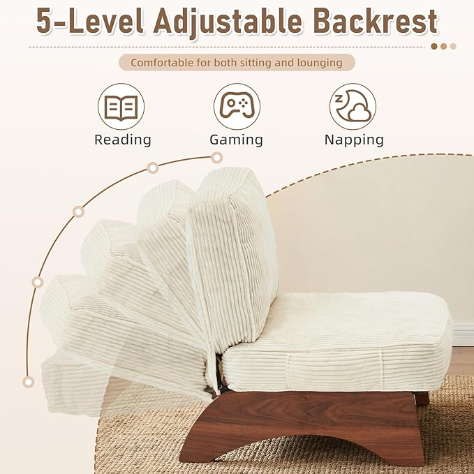 EROMMY Accent Chair with Ottoman, Modern Corduroy Living Room Chair with Adjustable Backrest & Footrest Set, Comfy Reading Chair for Living Room Bedroom Reading Room Guestroom, Cream