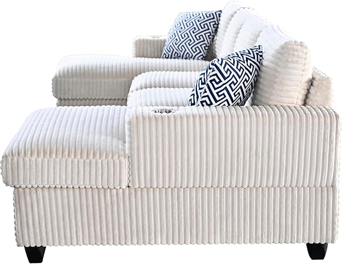 124-Inch Symmetrical Sectional Couch Corduroy Cloud Cushion Upholstered Sofas, U- Shaped Modular Sectional Sofa with Cup Holders and 2 Chaise Lounges for Living Room