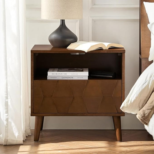 HULALA HOME Mid Century Modern Nightstand with Solid Wood Legs,Drawer Organizer with Charging Station, Geometric Pattern Nightstand, Walnut by HULALAHOME