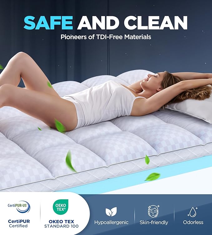 Dual Layer Memory Foam Mattress Topper for Pain Relief with 2X Support, 2" Fluffy Pillow Top Full Mattress Topper Plus 2" Odor-Free Cooling Gel Memory Foam Ultra Comfort Mattress Pad Cover