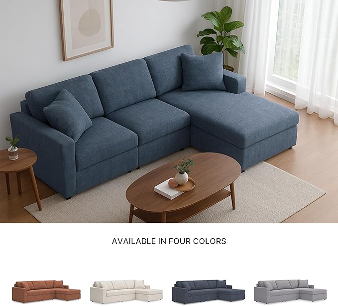 Signature Design by Ashley Modmax Contemporary L-Shaped Modular Stain Resistant 3-Piece Sectional with Chaise, Reversible Cushions and 2 Accent Pillows, Blue