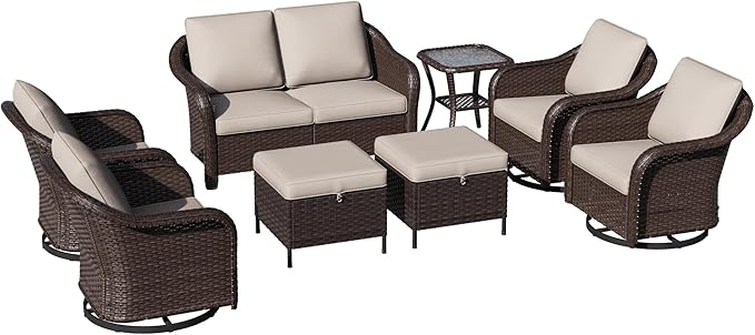 8 Piece Patio Wicker Conversation Set, All-Weather Use Outdoor Wicker Loveseat with 2 PE Rattan Ottomans,4 Swivel Chair, 1 Side Table, Ideal for Porch, Backyard, Balcony, Poolside, Beige